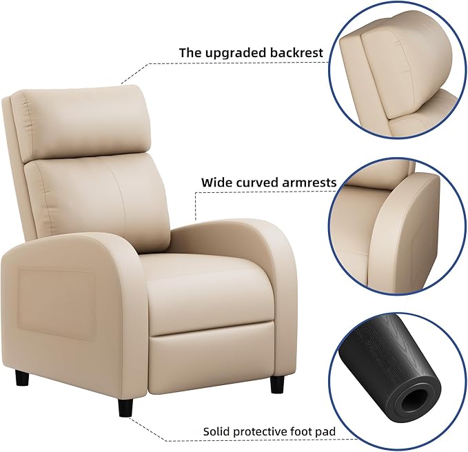 JUMMICO Recliner Chair Adjustable Home Theater Single Recliner Sofa Furniture with Thick Seat Cushion and Backrest Modern Living Room Recliners (Leather Beige)