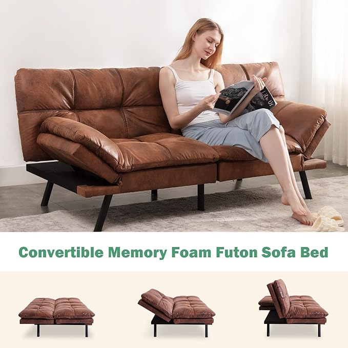 Vyfipt Futon Sofa Bed/Couch Memory Foam Small Splitback Sofa for Living RoomModern Loveseat with Covertible ArmrestsFaux Leather/Cushion Thicker Version(Brown)