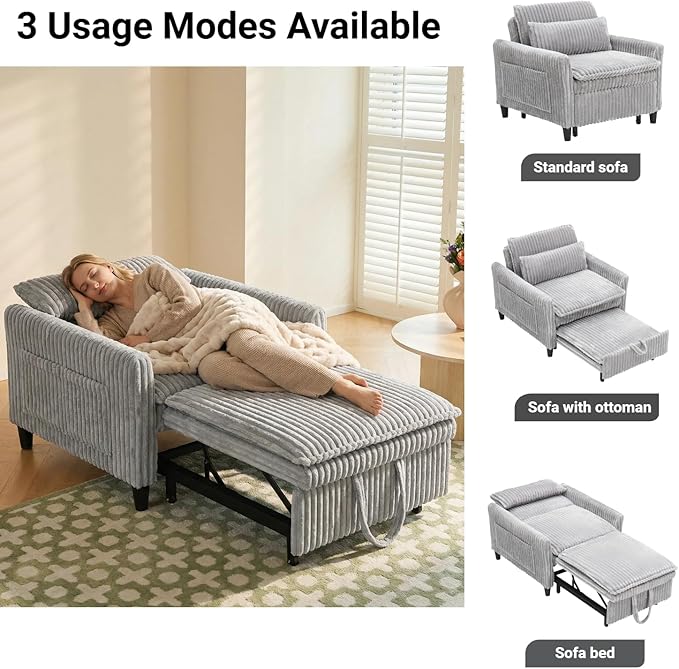 32 Wide Convertible Sleeper Chair with Pull Out Bed 3-in-1 Single Sofa Bed Adjustable Backrest &amp Side Storage Pocket | Space-Saving Couch for Small Spaces Living Room &amp Bedroom(Gray)