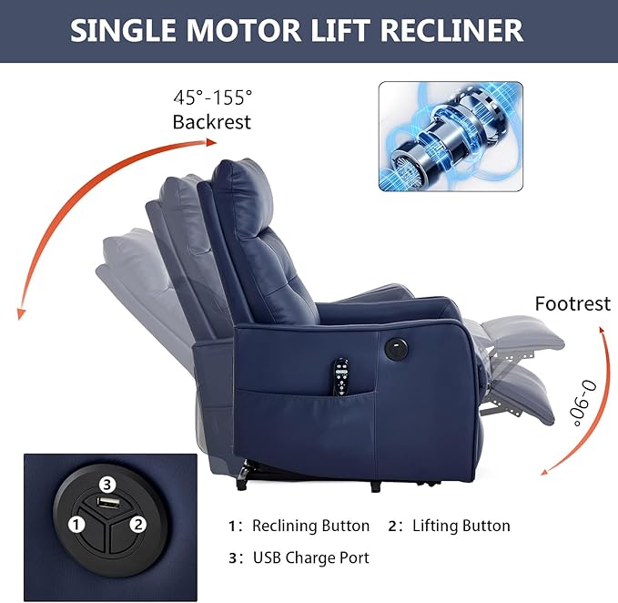 Small Power Lift Chair Recliner for Elderly Petite Power Recliner Chair with Massage and Heat | USB | High Back | Push Button | Side Pockets Liviing Room Easy Assembly (PU Leather Dark Blue)