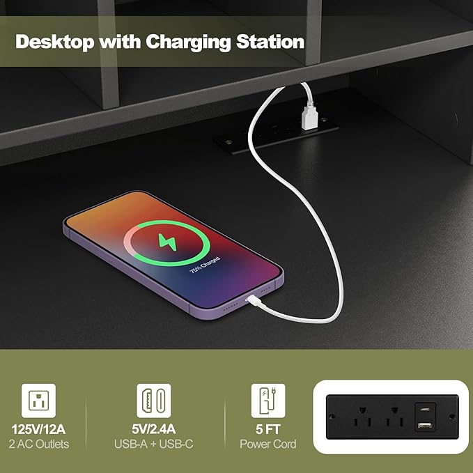 Desk with Hutch &amp Charging Station Home Office Desks with 5-Cubby Hutch 2 DrawersUSB Charging Ports &amp Power Outlets Student Desk Study Table (Black)