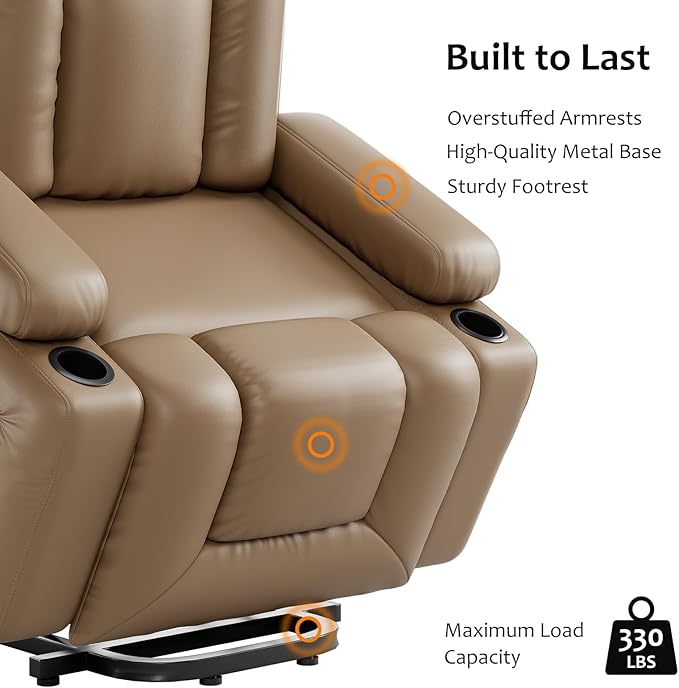 PU Leather Power Lift Recliner Chair Faux Leather Recliner Chair Sofa with Massage and Heat Remote Control Electric Stand Assist for Elderly and People Limited MobilityTan