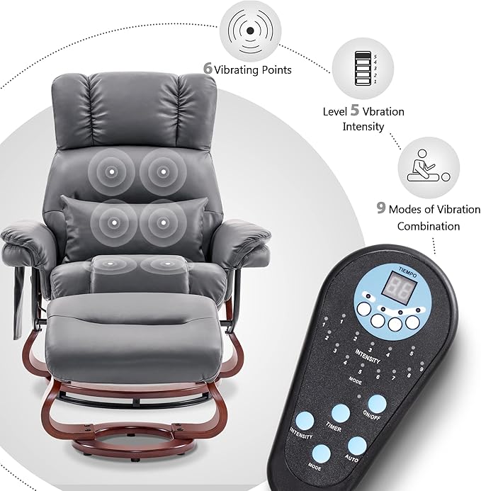 MCombo Swivel Recliners with Ottoman Reclining TV Chairs with Vibration Massage Faux Leather Ergonomic Lounge Chair for Living Room Bedroom 4832 (Grey)
