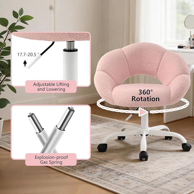 Vanity Chair Petal-Shaped Criss Cross Chair with WheelsUpholstered Tall Office Chair with Back for Girls WomenMid-Back Swivel Accent Chairs for Living Room Bedroom (Pink)