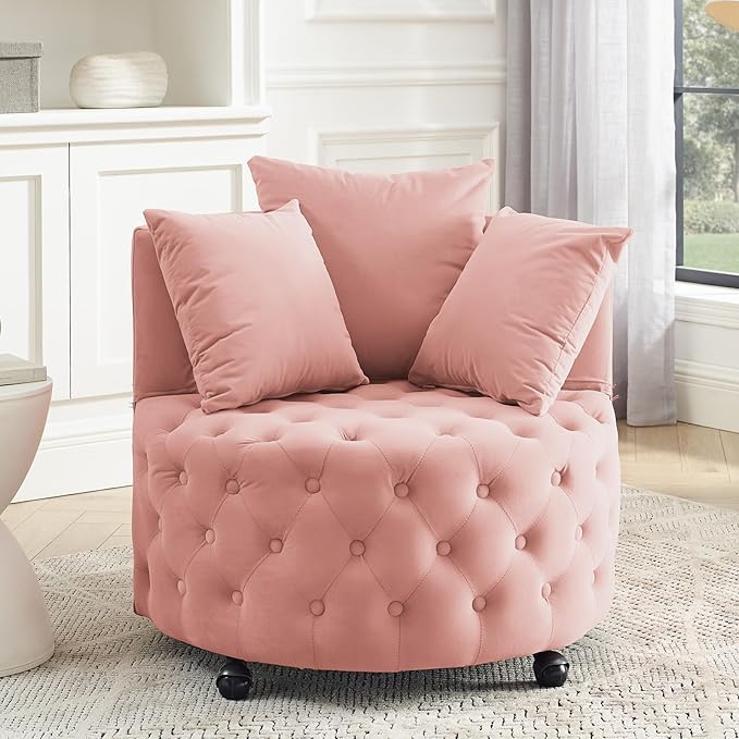 360° Swivel Accent Barrel Chair Velvet Comfy Round Chair with Button Tufted Design &amp 4 Moveable Wheels Upholstered Modern Lounge Reading Chairs for Living Room Bedroom Apartment Clubs(Pink)
