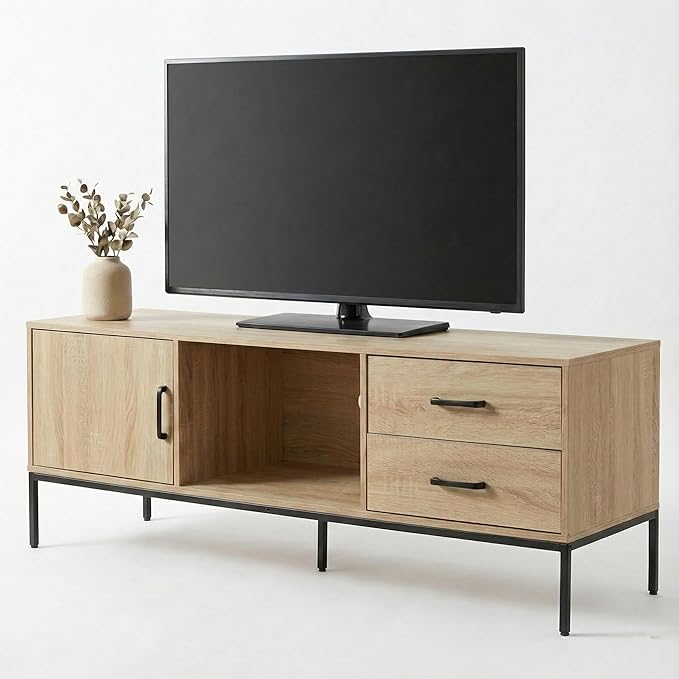 TV Stand for 55/60 Inch TV Modern Wood Entertainment Center with Storage 52 Media Console Table with 2 Drawers &amp Door Cabinet Television Stands for Living Room &amp Bedroom(Burlywood)