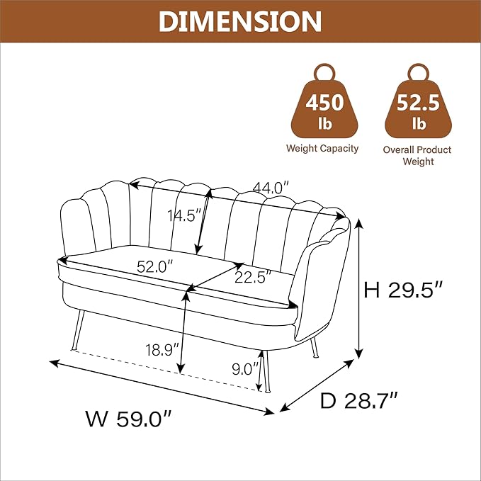 Chifee &amp Vingol Upholstered Small Loveseat for Small Space with Golden LegsCaramel