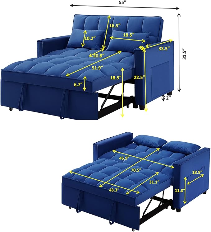 Sleeper Sofa Couch w/Pull Out Bed 55 Modern Velvet Convertible Sleeper Sofa Bed Small Love seat Sofa Bed with 2 Pillows &amp Side Pockets for Small Space Living Room Apartment Blue