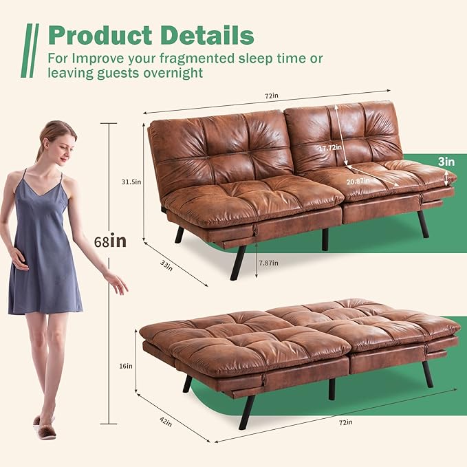 Vyfipt Futon Sofa Bed/Couch Memory Foam Small Splitback Sofa for Living RoomModern Loveseat with Covertible ArmrestsFaux Leather/Cushion Thicker Version(Brown)