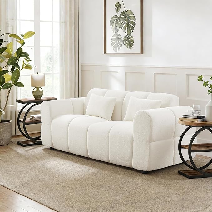 80 Modern Sofa Couch Comfy Deep Seat Teddy Cloud Sofa Upholstered 3-Seater Boucle Couch Oversized Loveseat for Living Room Bedroom Office Apartment(White)