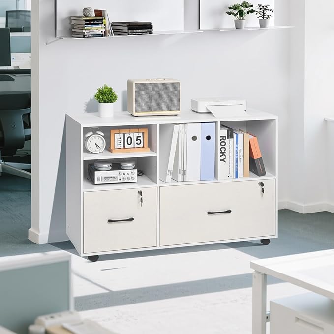 VEVOR 2 Drawer Wooden File Cabinet Mobile Filing Cabinet with Open Shelves Lockable Lateral Rolling File Storage with Adjustable Shelves Free Standing Printer Stand for Home Office School White