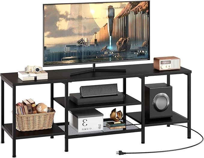 HOOBRO TV Stand with Power Outlets to 65 Inches TV Console Table with Open Storage Shelves Industrial Media Entertainment Center for Living Room Bedroom Black BB40DS01