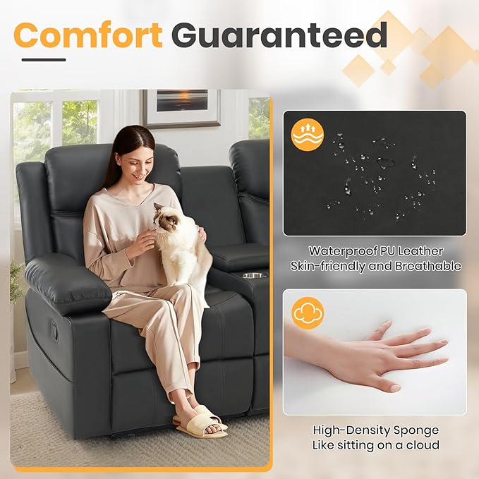 Loveseat Recliner Sofa with Massage &amp Heating Reclining Loveseat with Console RV Wall Hugger Double Loveseat Recliner Couch for Living Room &amp Home Theater (Grey)