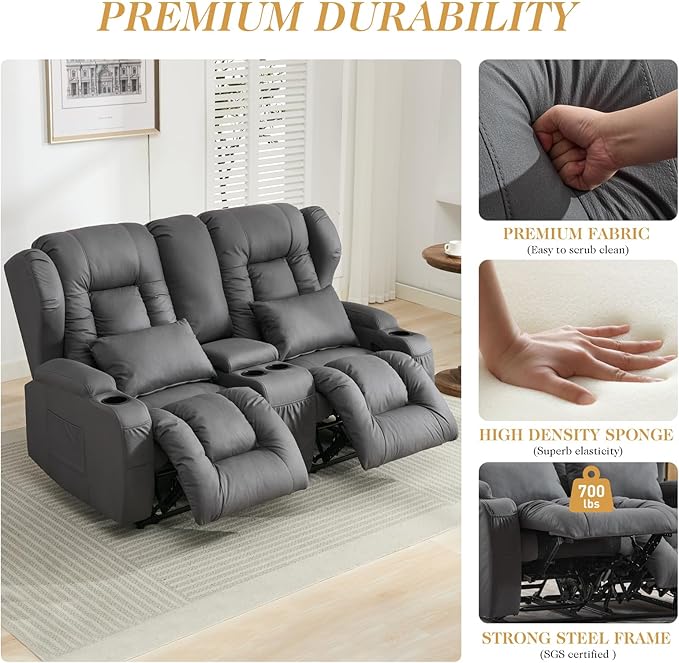 Loveseat Recliner SofaRV Wall Hugger Recliners for Small SpacesReclining Loveseat Sofa Recliner with Cup Holders/Lumbar PillowsRV Furniture (Gray Loveseat with Console)