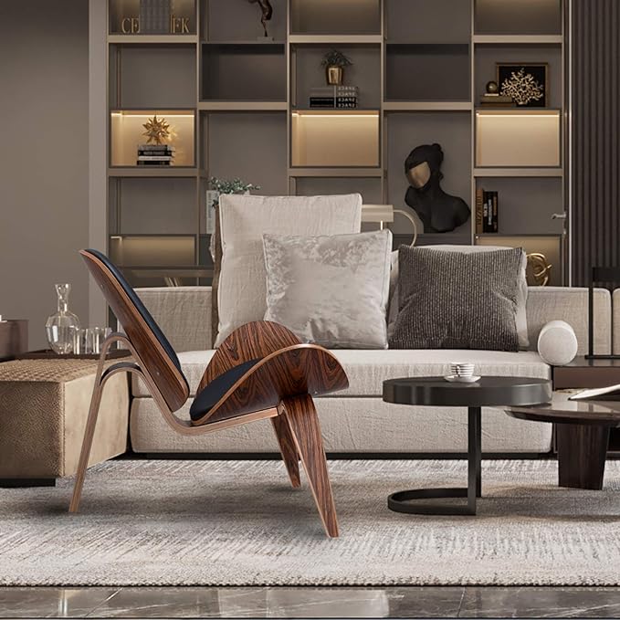 Mid Century Modern Shell Lounge Chair PU Leather Tripod Plywood Classic Design Solid Wood Accent Chairs for Living Room Reading Lounge Office Salon