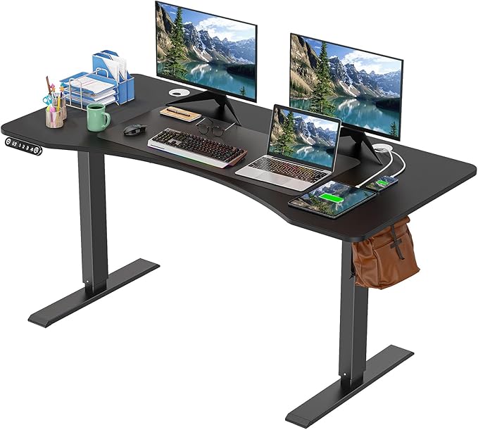 55 x 24 in Electric Standing Desk Adjustable Height Stand up Desk with Ergonomic Curved Desktop &amp Mouse Pad Multifunctional Home Office Desk（Black