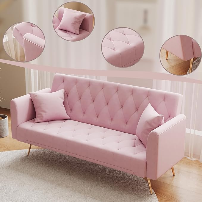 Modern Velvet Sofa Bed Futon with 2 Pillows2-in 1 Convertible Sleeper Couch BedFolding Recliner Loveseat with Golden Metal Legs for Living Room Apartment Office (Light Pink)