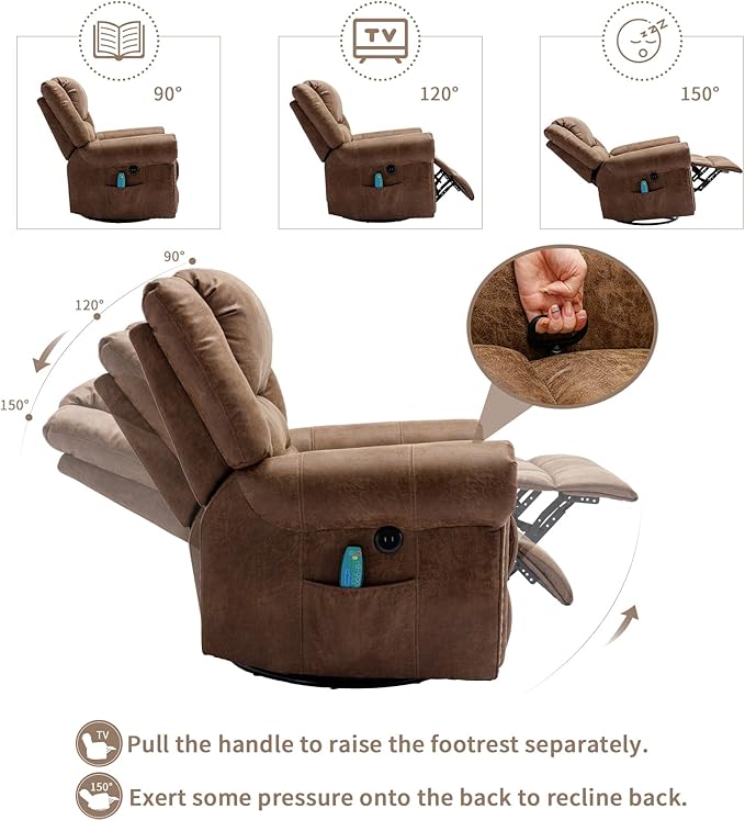 Manual Swivel Rocker Recliner with Heat and Vibration 360° Swivel Glider Rocking Recliner Ergonomic Lounge Massage Recliner Chairs with Side Pockets &amp USB Ports Nut Brown