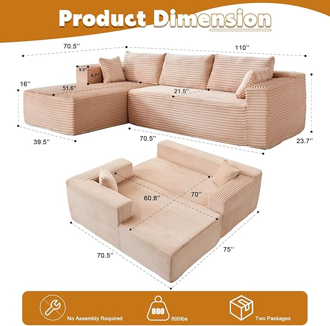 110 Inch Modular Sectional Cloud Couch with ChaiseOversized Deep Seat Sofa in CorduroyBoneless L Shaped Boneless Floor Couch Vacuum Pack for Easy ShippingNo Assembly for Living Room BedroomBeige