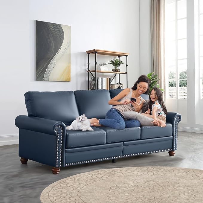 Faux Leather Sofa82 W Mid Century Modern Couch with Storage PlaceOversized 3 Seater Sofa with Nailhead Trim&ampRolled ArmrestsDeep Seat Comfy Couch for Living RoomBedroomApartmentOffice(Navy)