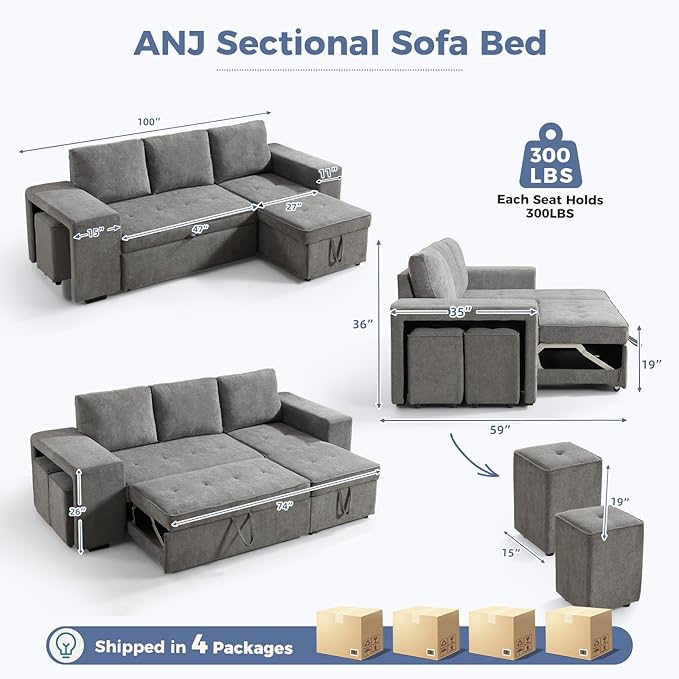 ANJ L Shaped Sectional Sleeper Sofa with Pull Out Bed and Storage 4-in-1 Convertible Couch with Hidden Ottoman and Arm Storage Easy Assembly Modular Sofa Bed for Living Room Grey