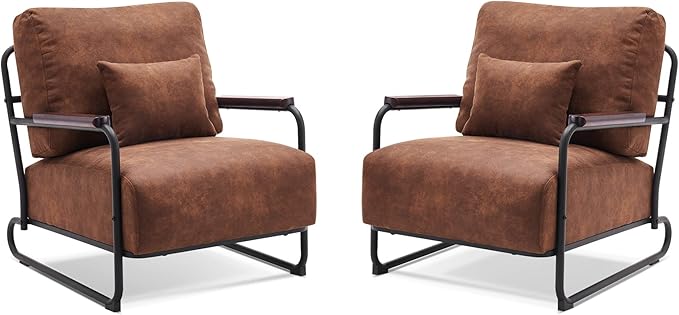 MCombo Modern Accent Chairs Upholstered Reading Chair Wooden Armrests Guest Chair for Living Room Bedroom Office HQ102 (2 Saddle)