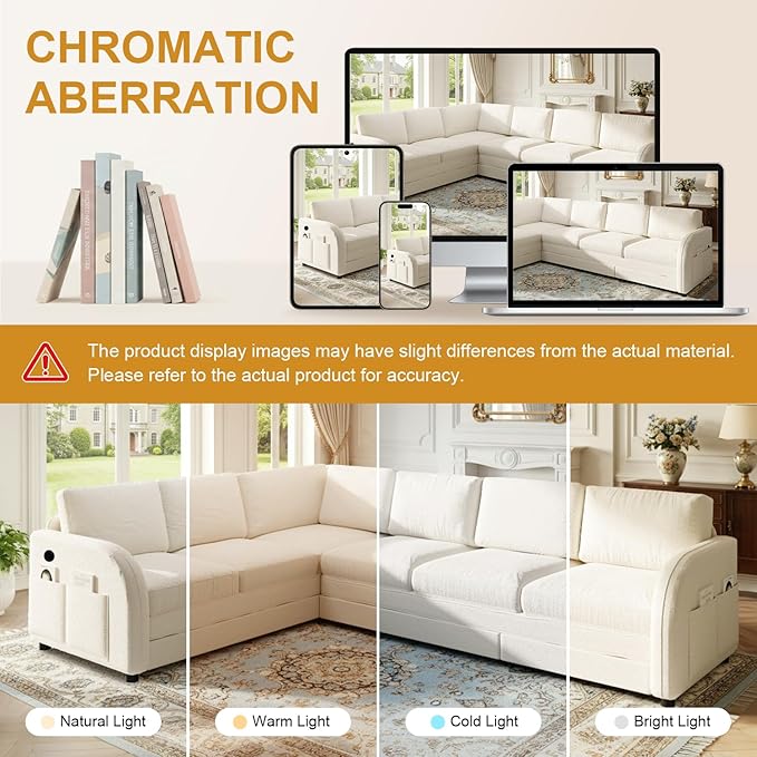 115.2 L Shaped Couch Bed Sectional Couches for Living Room Teddy Fabric Sleeper Sofa Bed with Pull Out Couch Convertible Sectional Couch with Charging Station &amp Side Pocket Beige
