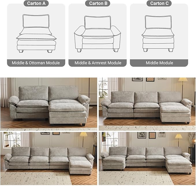 VINGLI 122 Cloud Double-Layer Deep Convertible Sectional Sofa Comfy L-Shape 3-Seat Couches for Living Room Modern Couch with Movable Ottoman for Small Space Light Grey Chenille