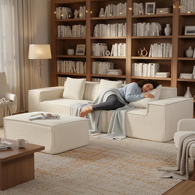 Rowan Convertible Corduroy Sectional Couch with Ottoman &amp Pillows Modular L Shaped Sleeper Sofa Boneless Cloud Couch for Living Room Furniture Beige