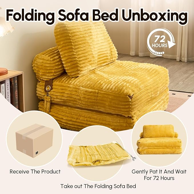Folding Sofa Bed Convertible Sleeper Chair with Pillow Foldable Mattress Lounge Chair for Living Room Bedroom Portable Guest Bed Yellow