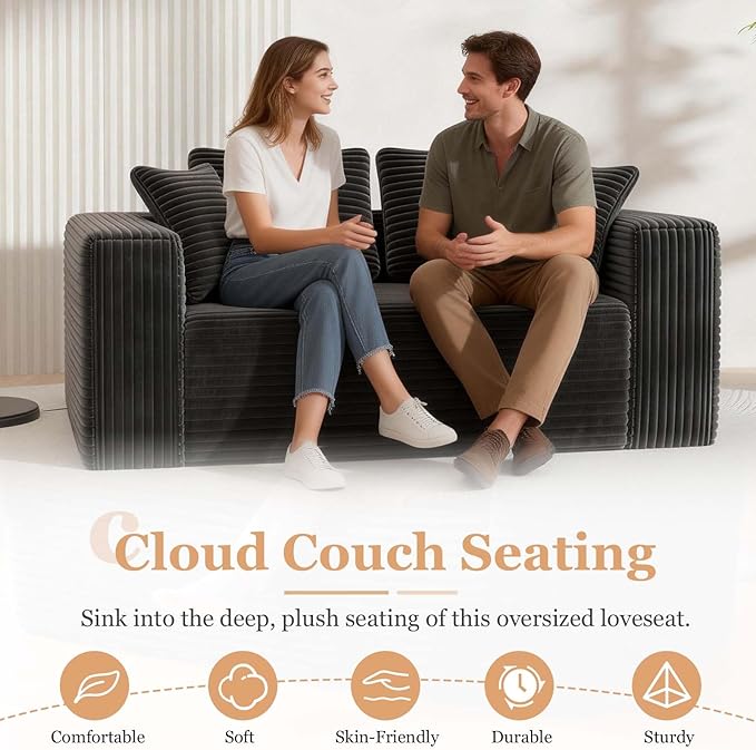 63 Black Boneless Couches for Living Room Compressed Sofa Couch in a Box Corduroy Memory Foam Floor Couch for Adults Memory Foam Deep Seat No Assembly Required (Black)