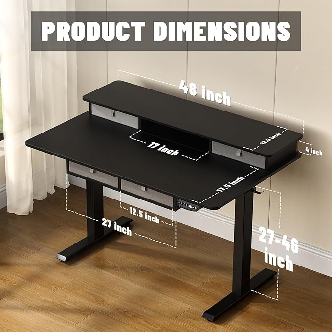 Electric Standing Desk 48 * 30 Inches Adjustable Height with 4 Drawers Double Storage Shelves Home Office Workstation Sit Stand up Desk (Classical Black)