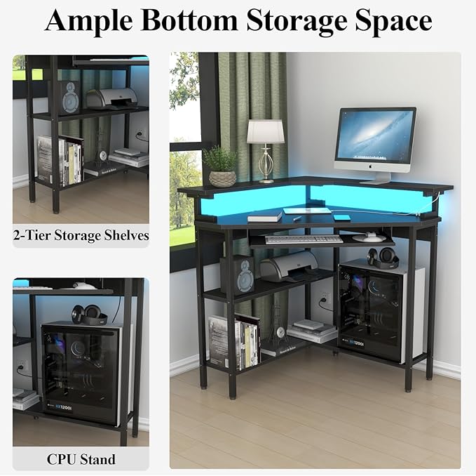 Auromie Corner Desk with Charging Station &amp LED Light Triangle Corner Desk with Monitor Stand &amp Keyboard Tray for Small Space Gaming Computer Desk with Storage Shelves for Home Office (Black