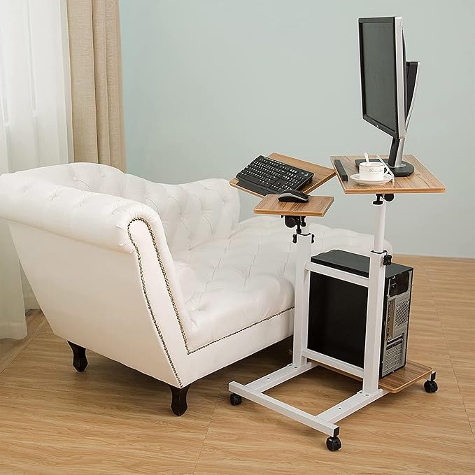 SDADI 3-in-1 Overbed Table with Monitor Mount &amp PC Shelf Mobile Workstation for Sofa Bed and Home Office Use Adjustable Height Rolling Computer Table for Laptop and Gaming Setup