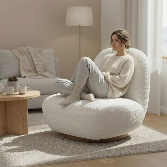 31 Swivel Boucle Accent Chair Modern Minimalist 360° Rotation Comfy Upholstered Lounge Chair No-Assembly Barrel-Style Armchair for Living Room Bedroom Apartment or OfficeWhite