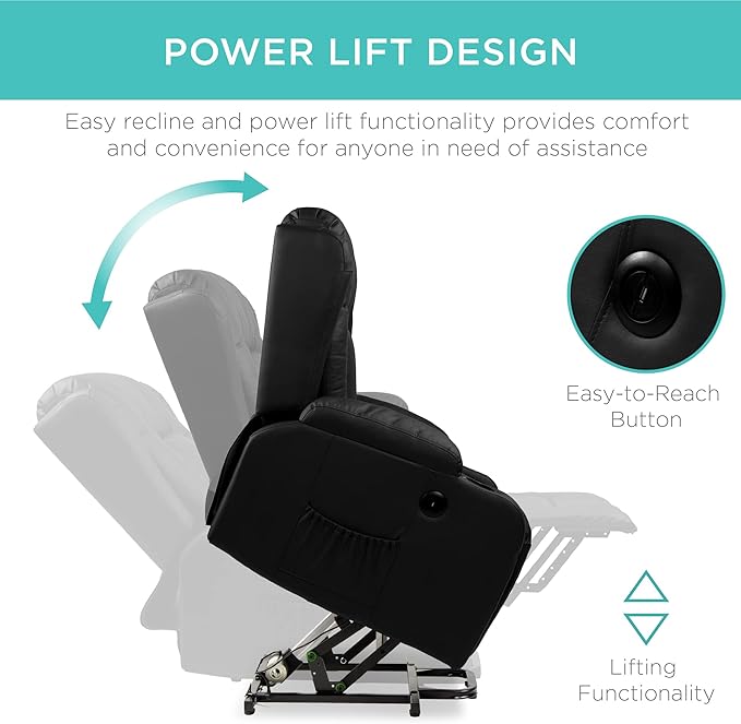 Best Choice Products PU Leather Electric Power Lift Chair Recliner Massage Chair Adjustable Furniture for Back Legs w/ 3 Positions USB Port Heat Cupholders Easy-to-Reach Side Button - Black