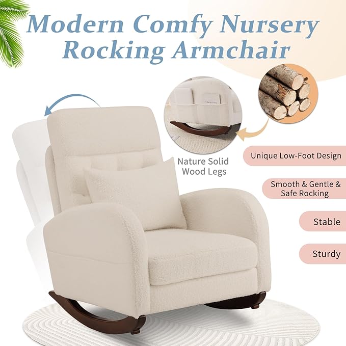 VINGLI Teddy Fleece Low Seat Rocking ChairBoucle Upholstered Nursery Glider Chair with Side PocketsAccent Arm Chair with High BackrestComfy Head RestSolid Woodfor Living Room BedroomBeige