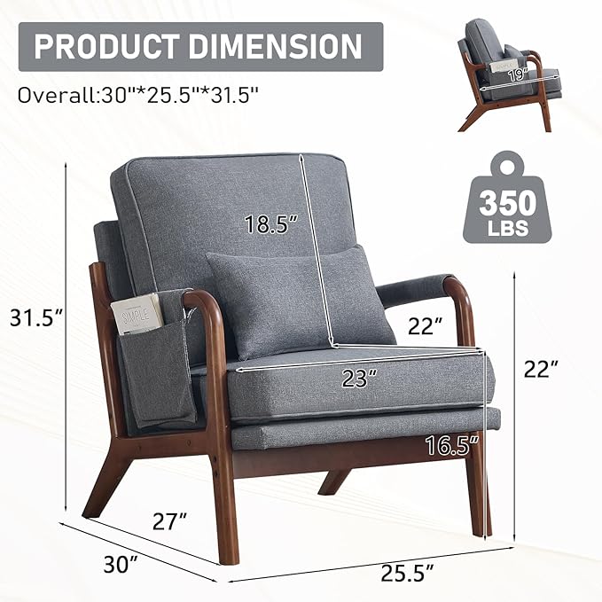 ANJ Mid Century Modern Accent Chair Lounge Reading Armchair with Extra Side Pocket &amp Detachable Cushion Comfy Fabric Accent Chairs for Living Room BedroomGrey