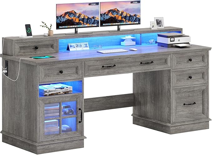 BTHFST Farmhouse Executive Desk with File Drawer Computer Desk with Charging Station &amp LED Lights Home Office Desk with Drawers &amp Storage Cabinet Executive Office Desk with Monitor Stand G