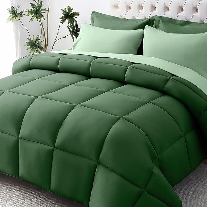 JOLLYVOGUE California King Comforter Set Ultra-Soft Bed in a Bag 7 Pieces Oeko-TEX Certified Bedding Set with Down Alternative Comforter Sheets Pillowcases &amp Shams Dark Green &amp Light Gree