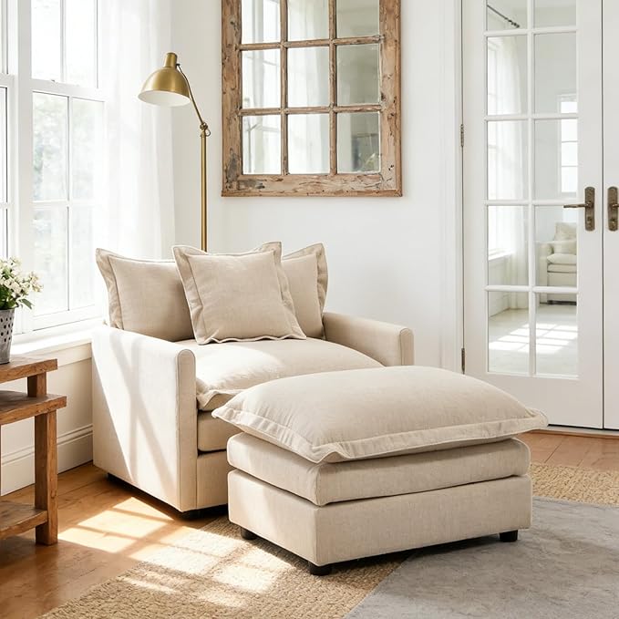 chairus Oversized Chair with Ottoman Modern Linen Upholstered Single Sofa Living Room Chair Comfy Reading Accent Chair Armchair Chaise Lounge Chair Indoor for Bedroom Oatmeal Beige