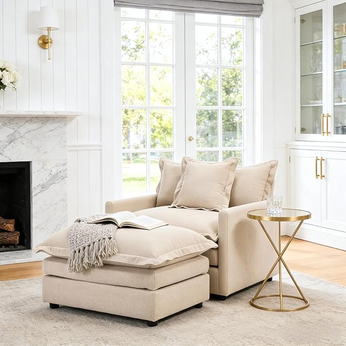 chairus Oversized Chair with Ottoman Modern Linen Upholstered Single Sofa Living Room Chair Comfy Reading Accent Chair Armchair Chaise Lounge Chair Indoor for Bedroom Oatmeal Beige