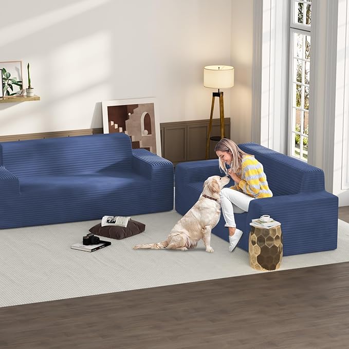 Vivvadecor 79 3-Seater Corduroy Sofa Sofa-in-a-Box Modern Floor Foam Couch with 24 Deep Seat No Assembly Needed Sofas for Compact Living Room Apartment Home Office Deep Blue