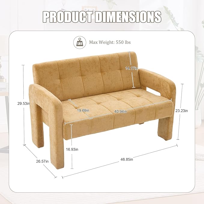 47'' Modern Loveseat Comfortable Small Couch for Two with Chenille Fabric Minimalist Accent Chair for Bedroom Office Entryway Dorm (Mustard Yellow)