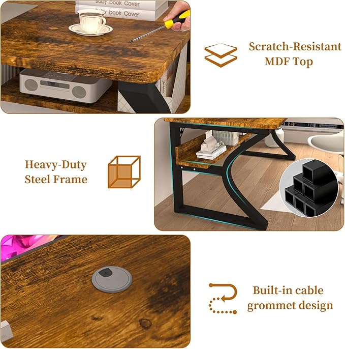 Computer Desk 55 X 23.6 inch Home Office Computer Desks w/Deeper Desktop Study Student Desk Writing Work Table w/Storage Shelf (55Inch/Brown)