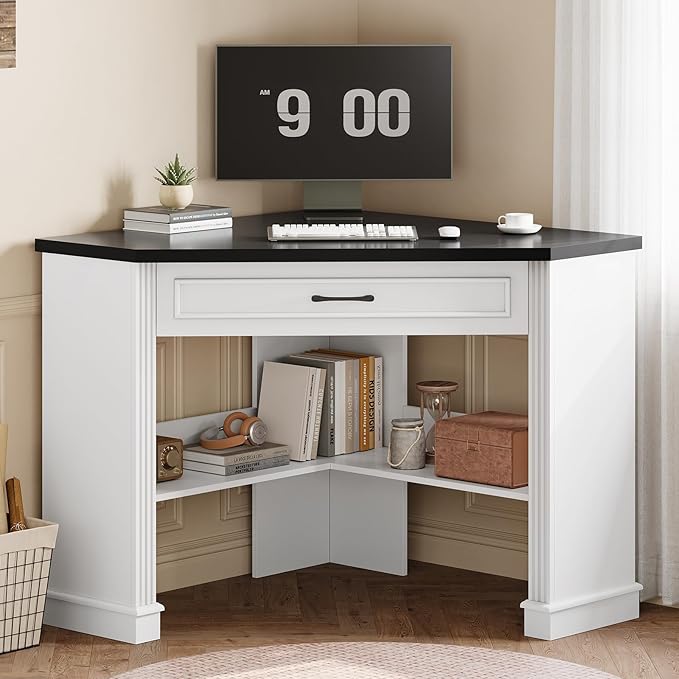 SEDETA 31.5 White Corner Desk Small Corner Desk for Small Space Farmhouse Triangle Computer Desk with Drawer and Storage for Home Office Living Room Bedroom Vanity Desk