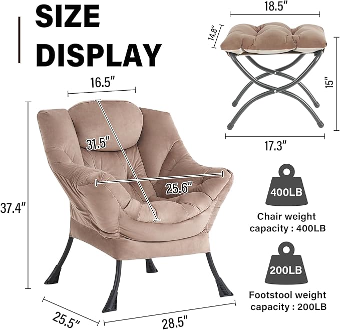 Lazy Chair with Ottoman Modern Accent Chair Contemporary Sofa Chair with Armrests Reading Chair and Folding Footstool Set for Living Room Bedroom Office Khaki