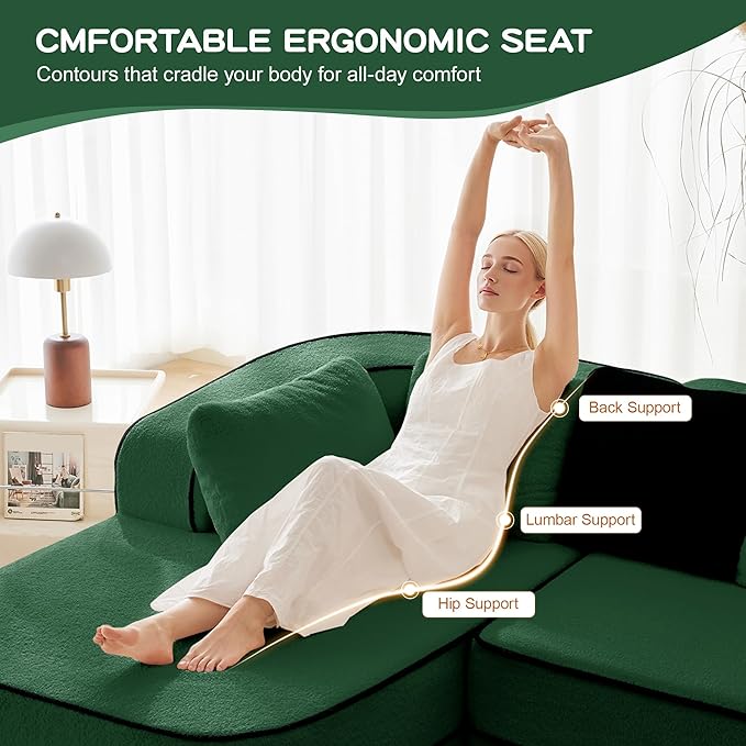KEIKI 2Seat Modular Boneless Sectional Velvet Sofa Couch with Chaise for Garden Home Bedroom Studio Style Conscious Nature Lovers Luxurious Elegant Sophisticated Refined Quality Design Green
