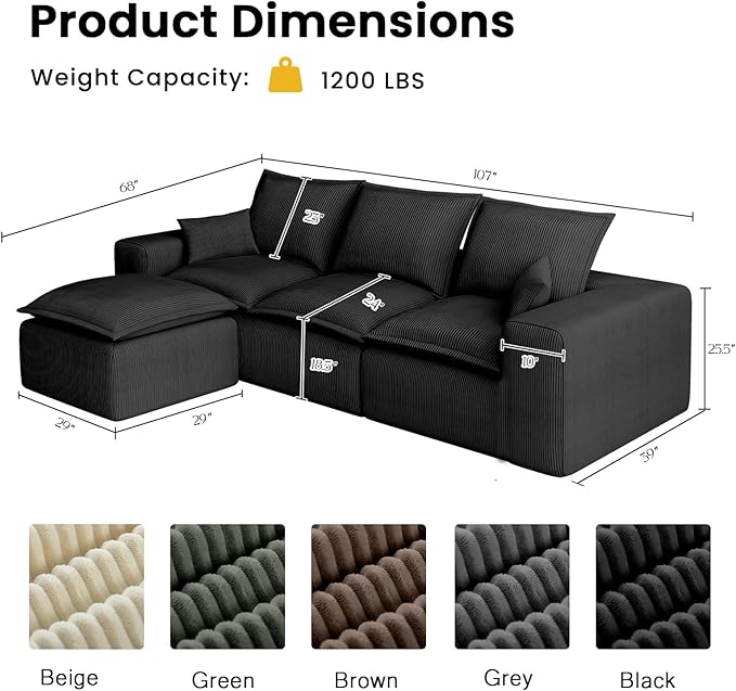 107 Cloud Modular Sectional Sofa for Living Room with Ottoman &amp L-Shaped Chaise No Assembly Required Deep Seat Couch in a Box.