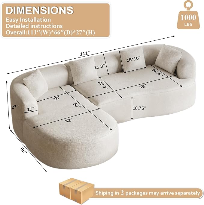 111 Modern Curved Cloud Couch Sectional Sofas for Living RoomOversized L Shape Couch with Left Chaise Modern Luxury Chenille 4-Seater Extra Deep Seat Couches No Assembly RequiredWhite